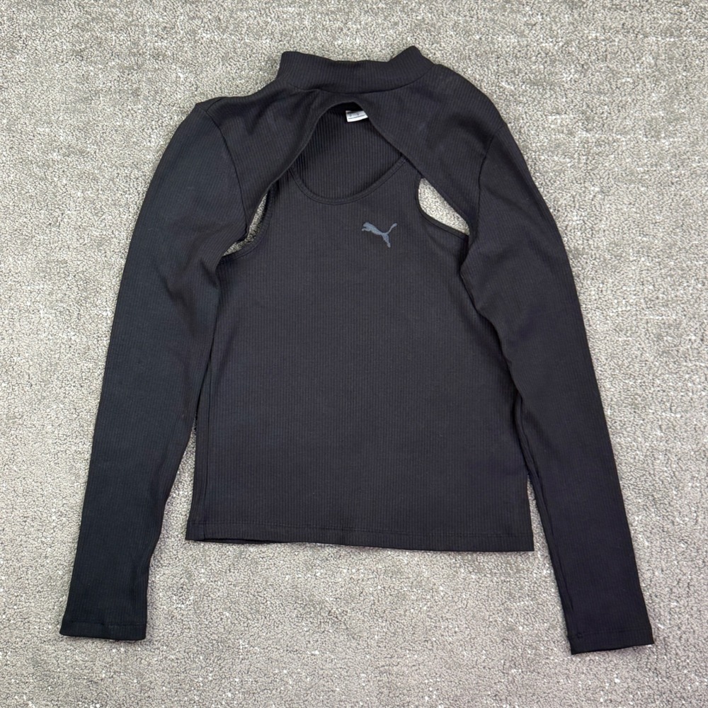 PUMA Womens Ribbed Mock Neck Layered Long Sleeve Tank Top Black Size M